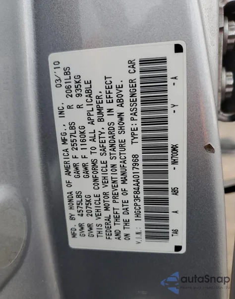 2010 Honda Accord Exl from USA, damaged, VIN 1HGCP3F84AA017968